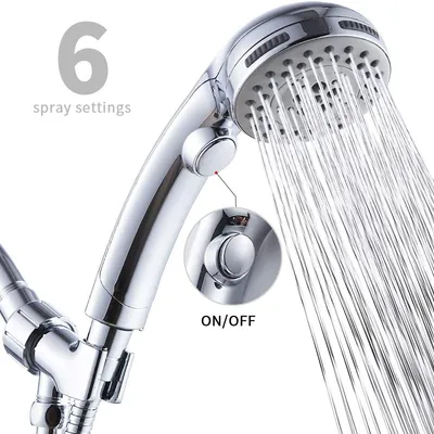 High Pressure 6 Setting Handheld Shower Head with ON/OFF Switch and Spa Spray Mode